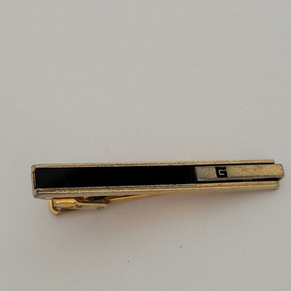 Givenchy Gold Tone Black Onyx Tie Bar Clip 2 Inch G Logo Vintage - Picture 1 of 7